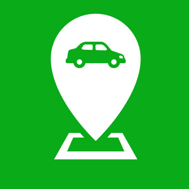 A white location pin icon with a green car in it sitting in front of a green background.